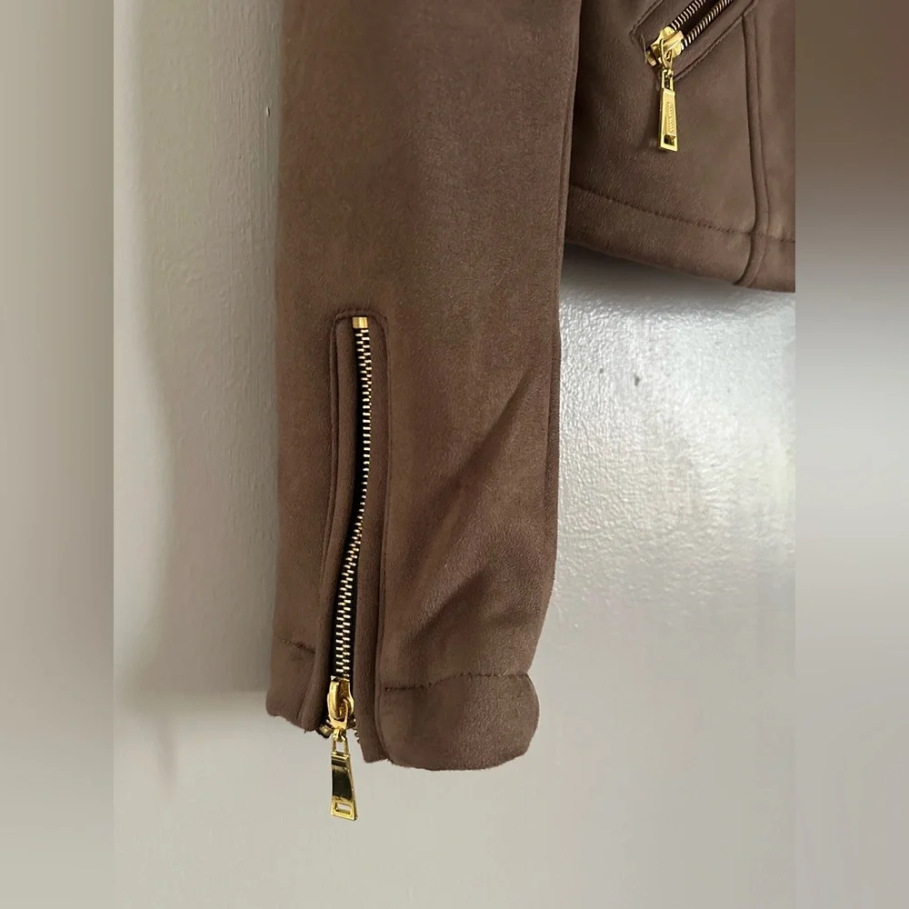 J2 by Jou Jou vegan leather moto biker jacket tan full zip women's size M - Picture 10 of 10